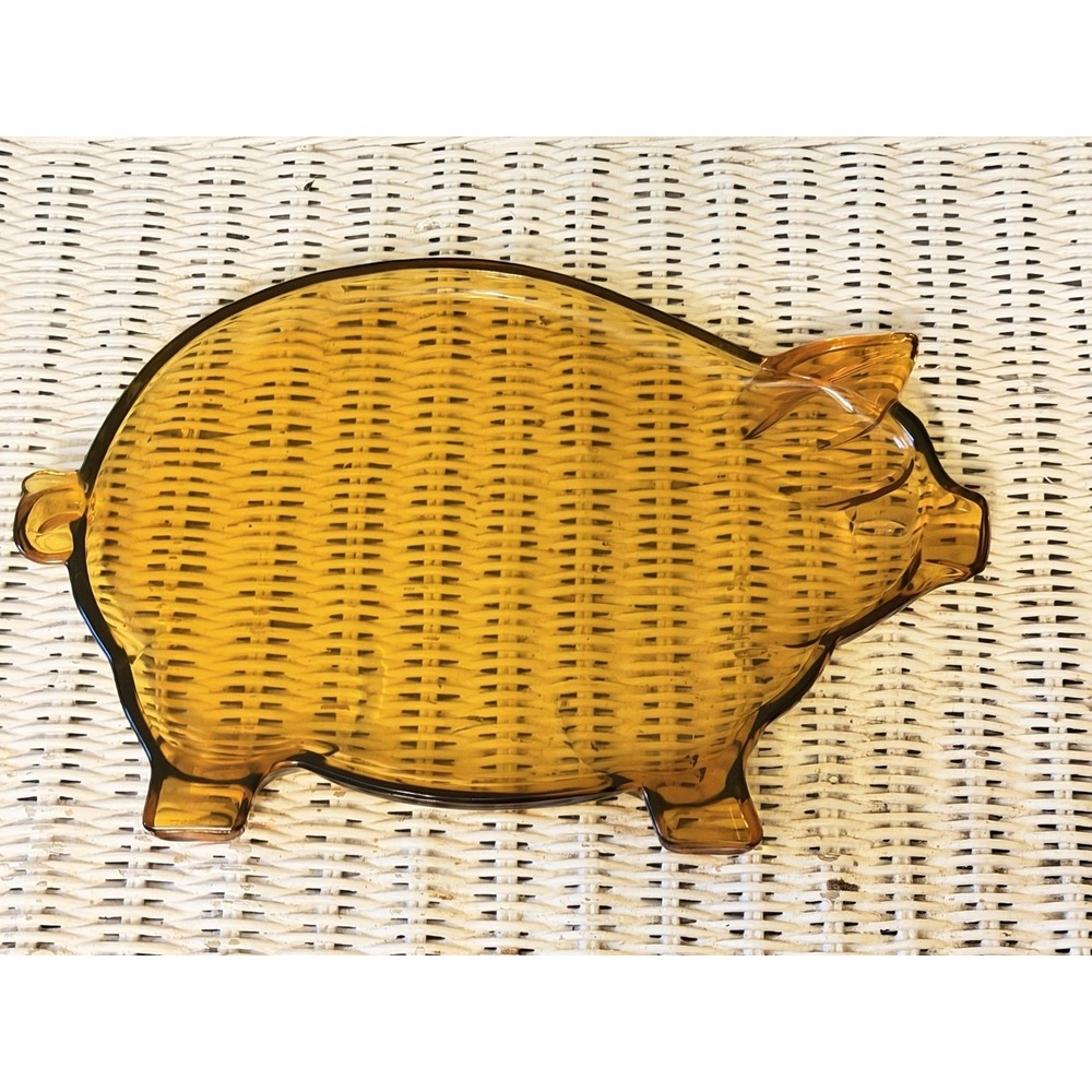 Vintage Amber Glass Pig Serving Tray Platter Farmhouse Country Kitchen Decor